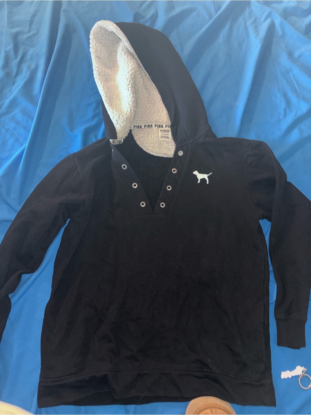 PINK Victoria's Secret Black Sherpa-Lined Hoodie missing string